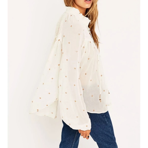 FREE PEOPLE Sheer Cream Metallic Gold Clip Dot Smocked Oversized Tunic Blouse - Picture 6 of 17